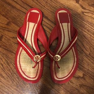 Tory Burch Red Leather and Woven Thong Sandals with Gold Logo